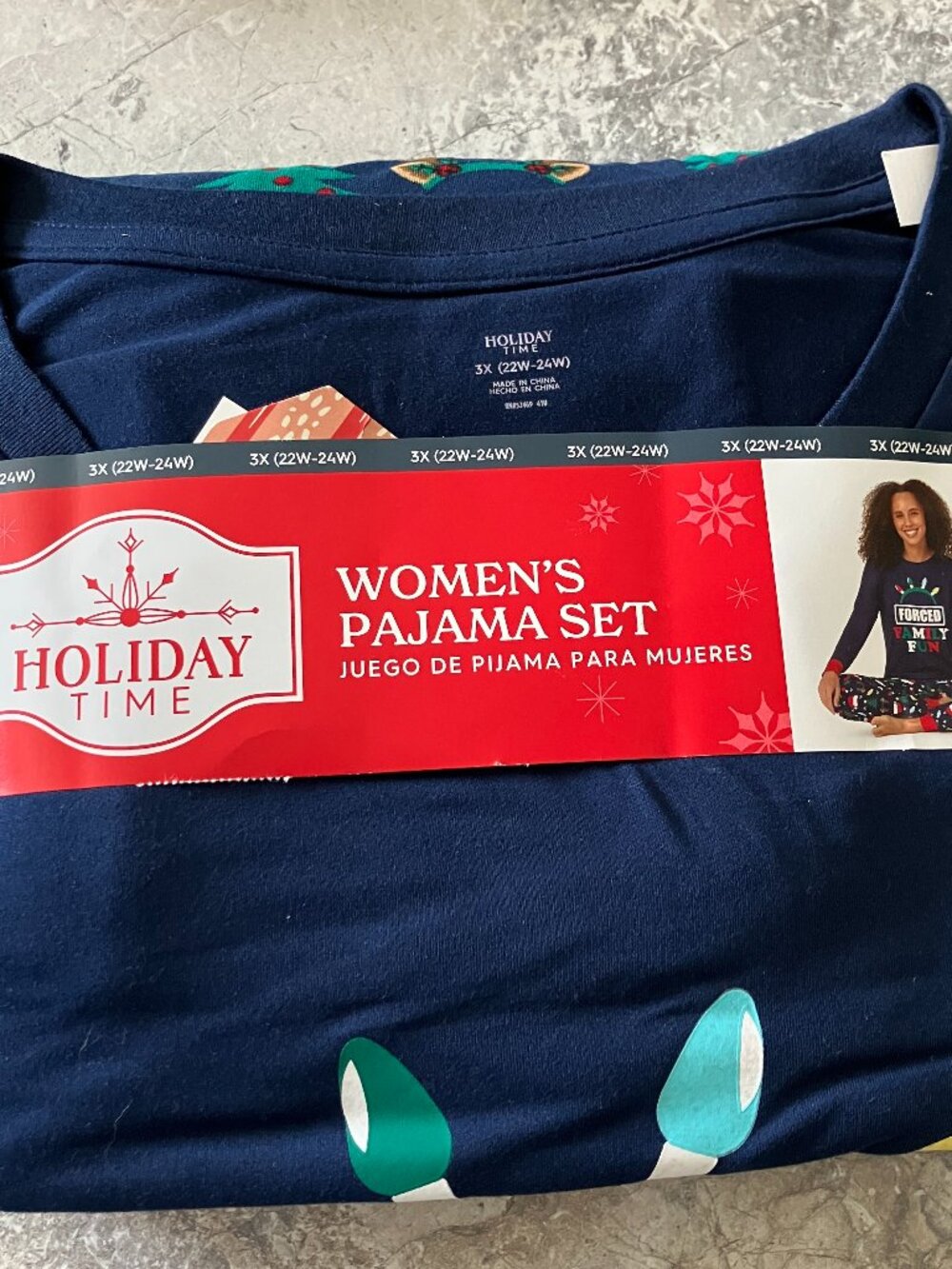 Holiday Time Forced Family Fun Christmas Blue Pajamas Set Women's 3X 22W-24W.